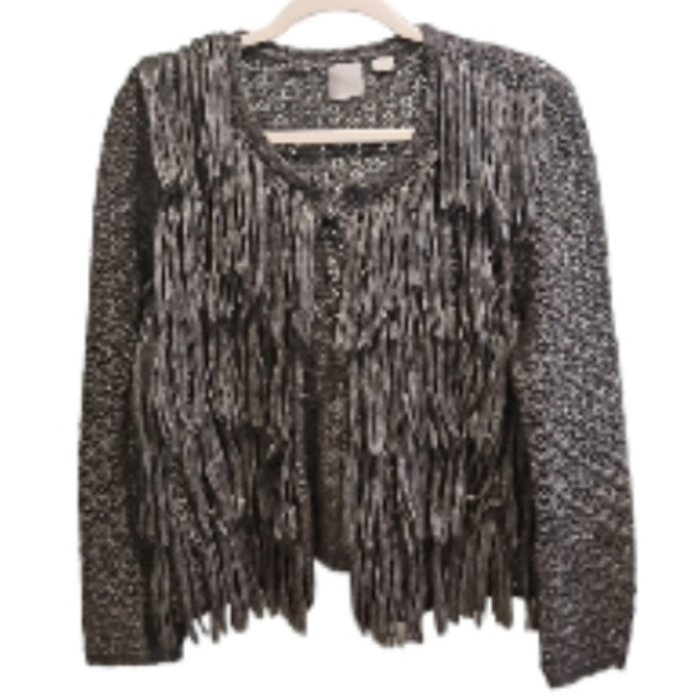 CO by Oleg Cassini Fringe Accent Cardigan Knit Sweater Medium.
